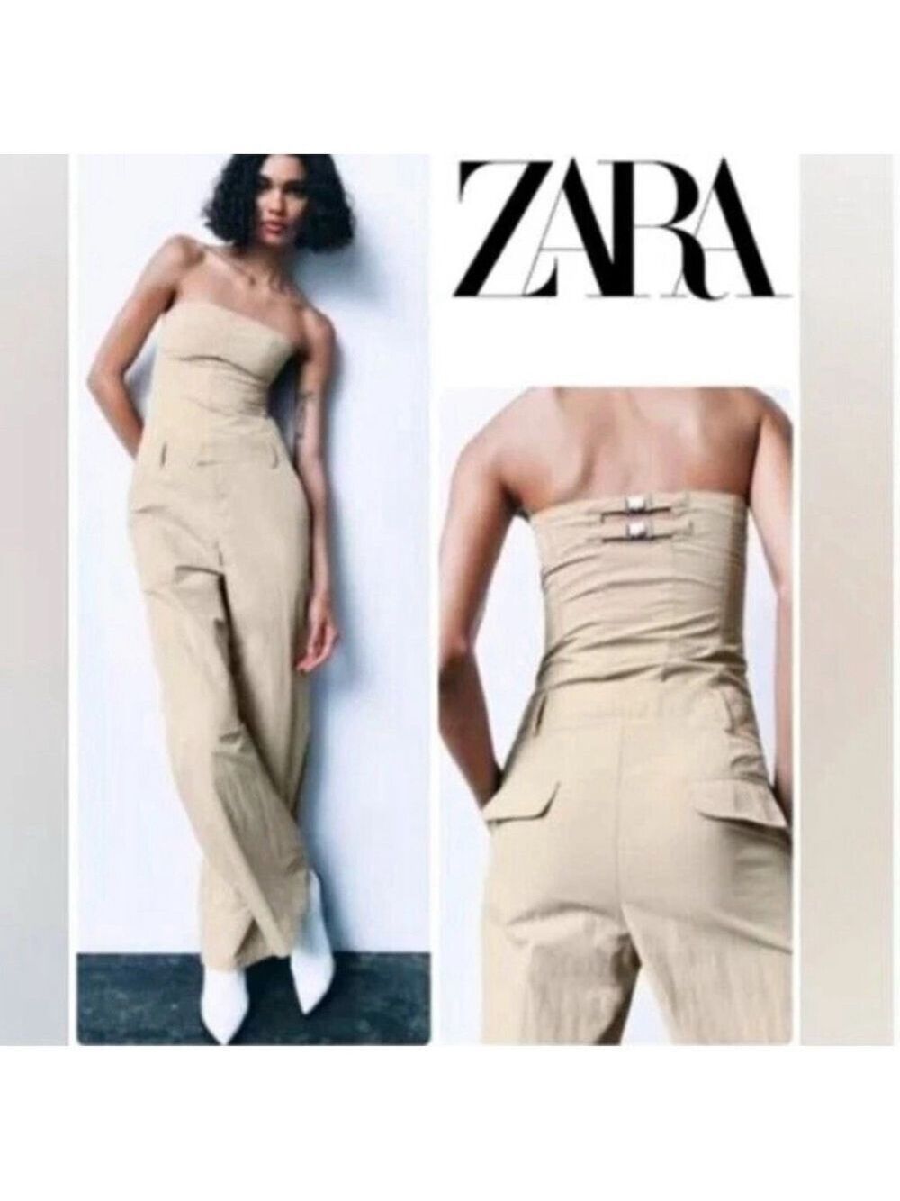 Zara Strapless Jumpsuit Off The Shoulder Wide Leg Khaki Size S Blogger Fav New - Picture 1 of 16